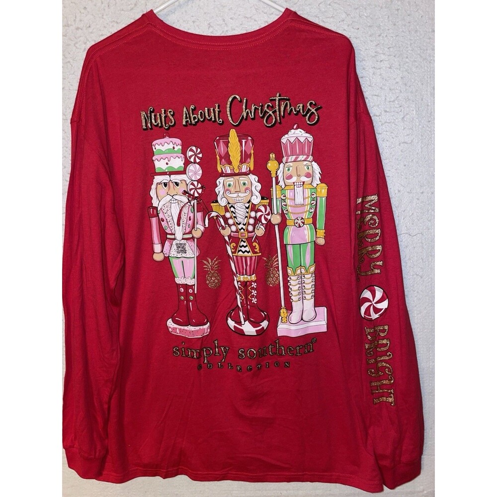 Simply Southern Womens XL Red Nuts About Christmas Long Sleeve T-Shirt Bling
